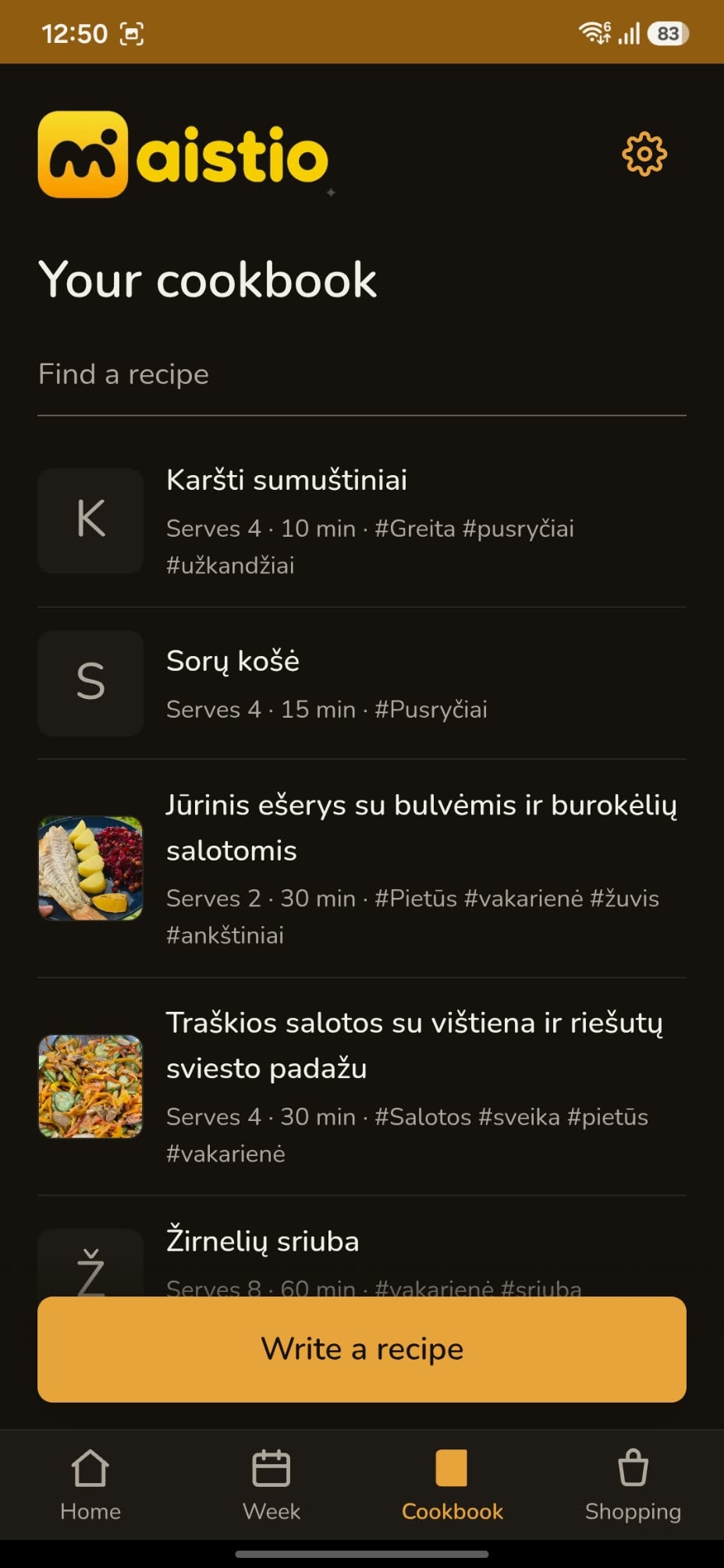 Personal cookbook with saved recipes, cooking times, and food photos