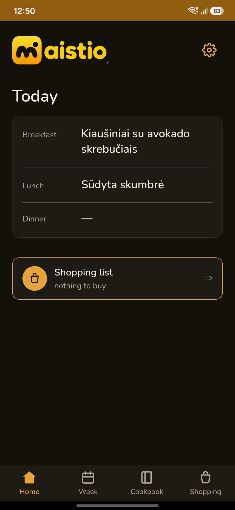 Maistio Today screen showing breakfast, lunch, dinner, and a shortcut to the shopping list