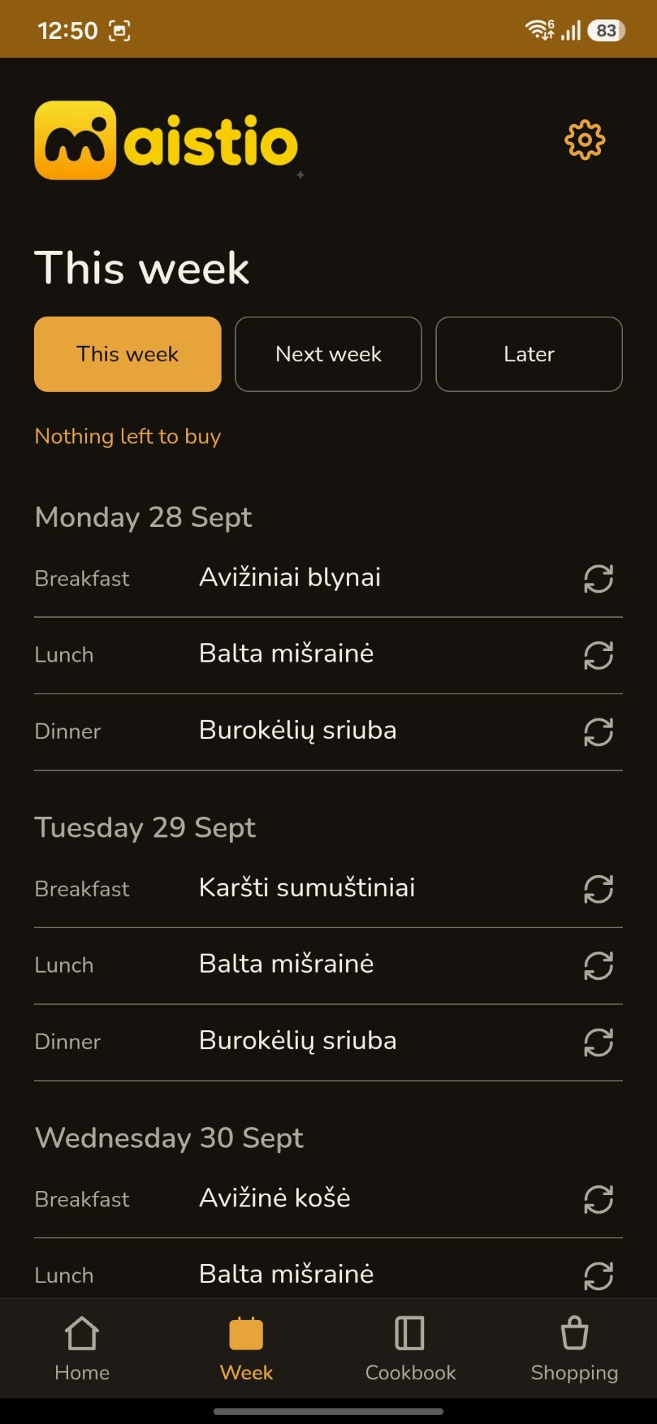 Weekly meal plan with breakfast, lunch, and dinner for each day